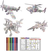 3D puzzel - Coloring puzzel - Kleurplaat - 4 figuren met 12 viltstiften - 3D vliegtuigen, helikopters knutselen
