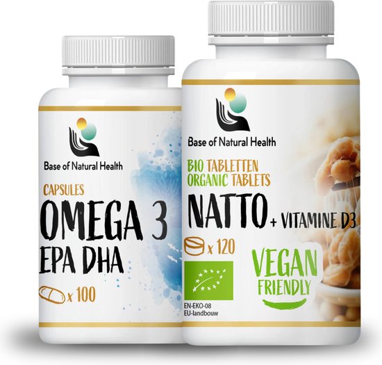 Omega 3 epa DHA 100 stuks, BIO Natto + Vitamine D3 630 mg - Kit - Ondersteunt immuniteit - Gezondheid en conditie verbeteren - Gezonde botten en spieren - Natuurlijke ingrediënten - Omega 3 Visolie - Voedingssupplementen - Omega 3 Capsules