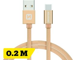 Swissten Korte USB-C naar USB-A Kabel - 20cm - Gevlochten Nylon - Oplaadkabel & Datakabel - Goud