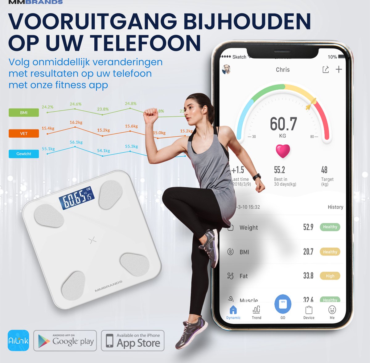 MM Brands Weegschaal Personen Weegschaal Digitaal - Slimme Weegschaal ...