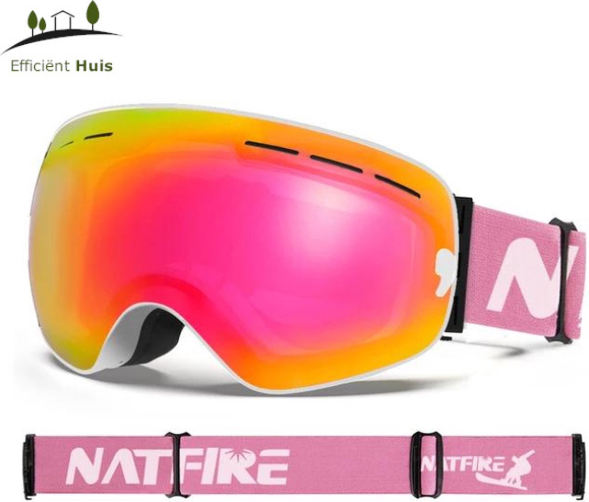 Natfire - Ultieme Skibril - Roze - UV-bescherming - Geschikt voor brildragers - Anti-Mist - Ventilatie - UV400