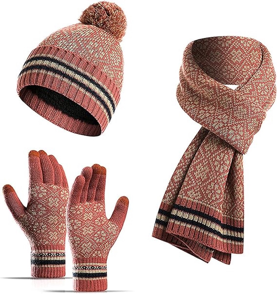 SHOP YOLO- Muts Heren -Winter Muts Sjaal -Touchscreen Handschoenen Set 3 Stuks Zachte Warme Gebreide Beanie- Roze