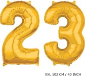 Mega grote XXL gouden folie ballon cijfer 23 jaar. leeftijd verjaardag 23 jaar. 102 cm 40 inch. Met rietje om ballonnen mee op te blazen.