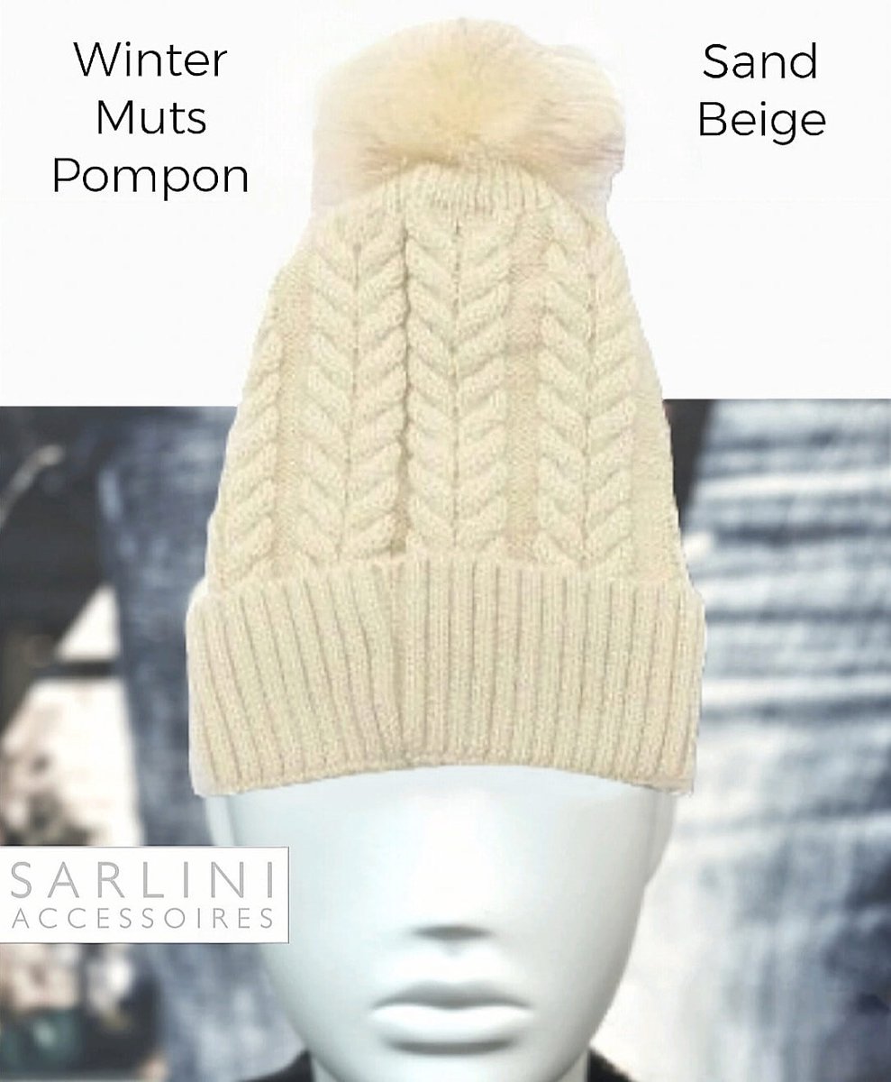 SARLINI accessoires - Herfst / Winter Beanie / Muts Pompon - Sand Beige - Polyester Grove Breiwerk - Faux Fur - vrouwen - volwassenen tieners - casual