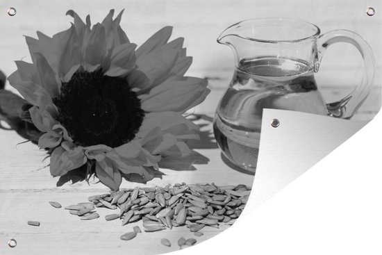 Tuindecoratie Zonnebloempitten met zonnebloemolie in een klein glas en zonnebloem op witte tafel - zwart wit - 60x40 cm - Tuinposter - Tuindoek - Buitenposter