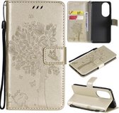 Voor Huawei P50 Boom & Kat Patroon Geperst Afdrukken Horizontale Flip PU Lederen Case met Houder & Kaartsleuven & Portemonnee & Lanyard (Goud)