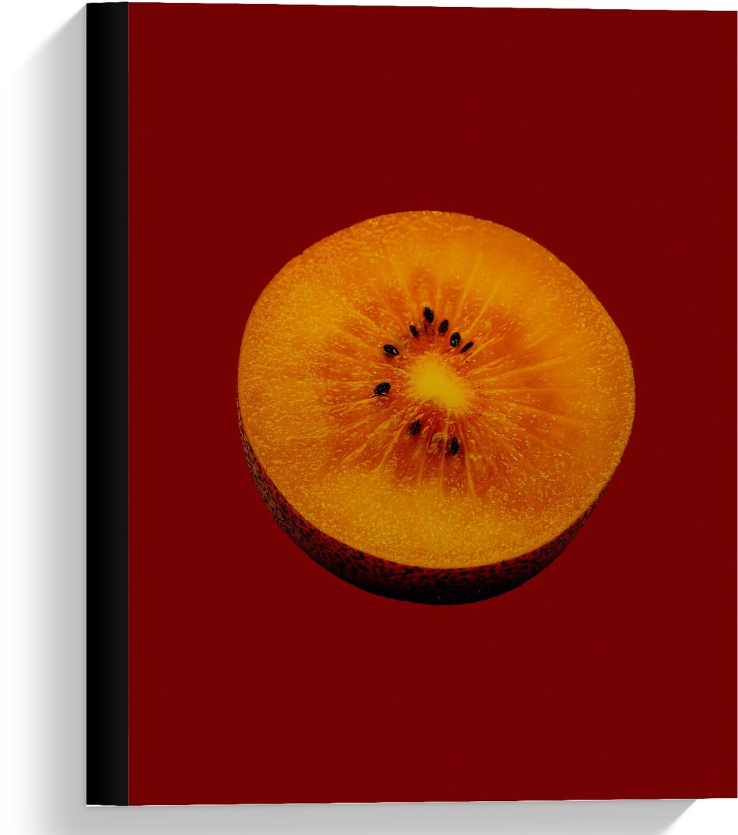 Canvas - Gele Kiwi op Rode Achtergrond - 30x40cm Foto op Canvas Schilderij (Wanddecoratie op Canvas)