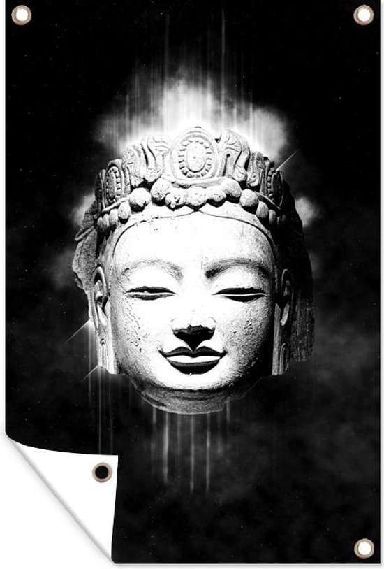 Tuindecoratie Hoofd van een Boeddha voor een simpele achtergrond - zwart wit - 40x60 cm - Tuinposter - Tuindoek - Buitenposter