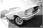 Tuinposter Vintage Ford Mustang op straat in Berlijn - zwart wit - 100x60 cm - Wanddecoratie Buiten - Tuinposter - Tuindoek - Schuttingposter - Tuinschilderij