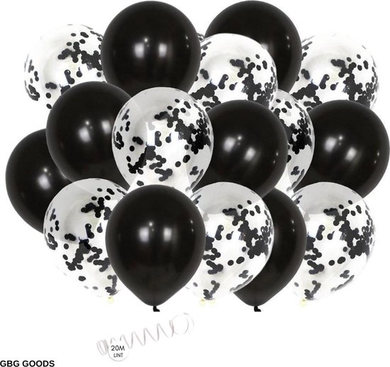 GBG 40 stuks Zwarte Ballonnen met Lint – Decoratie – Feestversiering - Papieren Confetti – Black - Black Latex - Verjaardag - Bruiloft - Feest - Halloween