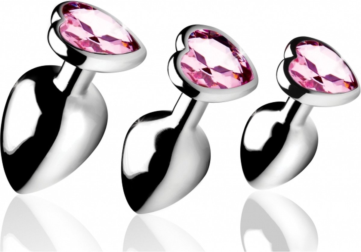 Pink Heart Gem Anal Plug Set - Silver