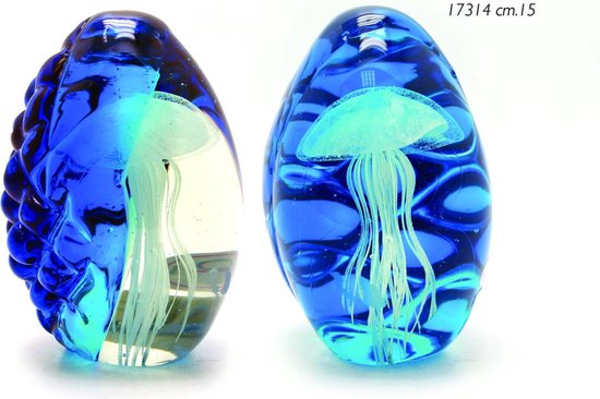 Glassculptuur blauw met witte kwallen