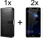 Huawei P10 Plus hoesje bookcase met pasjeshouder zwart wallet portemonnee book case cover - 2x Huawei P10 Plus screenprotector