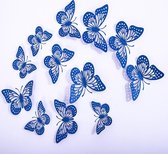 Cake topper decoratie vlinders of muur decoratie met plakkers 12 stuks blauw - 3D vlinders - VL-01