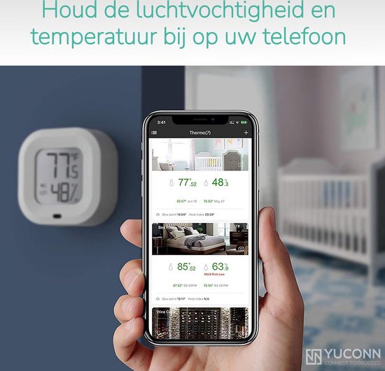 YUCONN Slimme Hygrometer Bluetooth - Thermometer binnen en buiten - Weerstation Draadloos - Luchtvochtigheidsmeter - Temperatuurmeter - Digitaal gratis YUCONN app