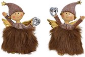 Engel met nepbont - rok gemaakt van poly bruin - Kerstdecoratie - 7x11x4cm - SET VAN 2