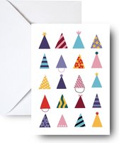 Studio Emo - 2 stuks - Party Hat wenskaart met envelop feesthoed - Feest verjaardagskaart - A6 kleurrijke print