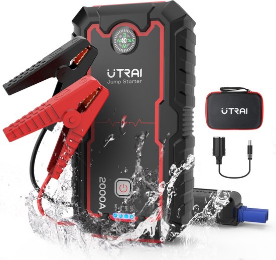Utrai jumpstarter 12v - 8-in-1 starthulp - 22. 000 mah - 2000a - acculader - powerbank - sos - led zaklamp - 8l benzine - 6. 5l diesel incl. Schokbestendige opberghoes - zwart/rood