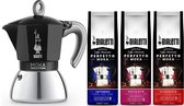Bialetti Moka Inductie Zwart - 4-kops - 150ml + Bialetti Koffie Proefpakket 3 x 250gr