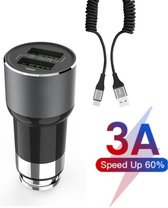 PowerDrive 3.6A Autolader USB 2 Poorten Sigarettenaansteker met USB-C Krulsnoer Kabel - Auto Accessoires - Geschikt voor TomTom/Garmin/Samsung/Anker/Lenovo/Oppo/Xiaomi/Universeel