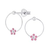 Joy|S - Zilveren cirkel oorbellen met bloem - kristal roze - 11 mm