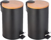 2x morceaux de poubelles à pédale / poubelles 3 litres de bois de bambou D17 x H24 cm noir - Poubelles - Poubelles à Seaux à pédales