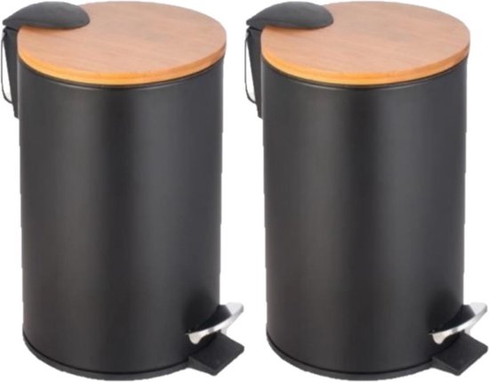 2x stuks pedaalemmers/prullenbakjes 3 liter van bamboe hout D17 x H24 cm zwart - Afvalbakken - Pedaalemmers