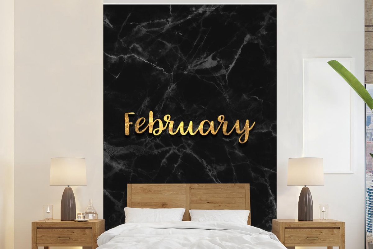 Behang - Fotobehang Kalender - Februari - Goud - Marmer - Breedte 180 cm x hoogte 280 cm