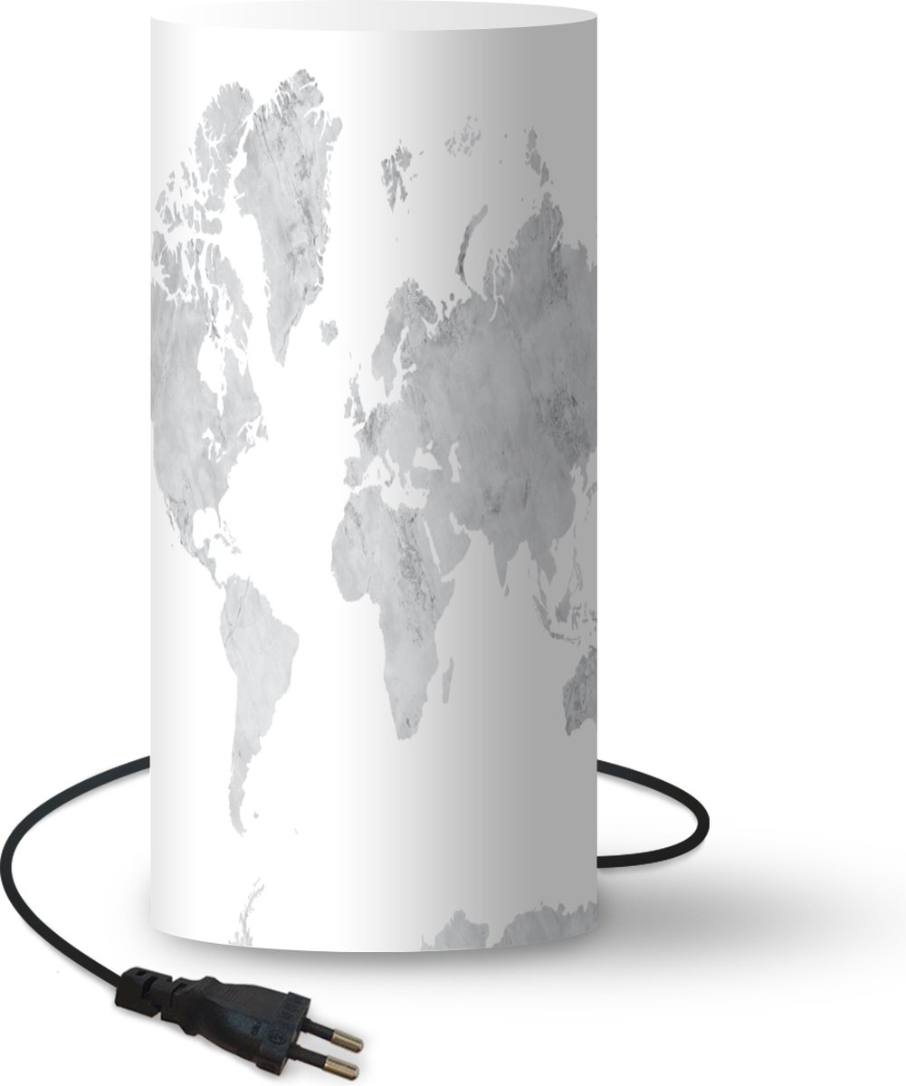 Lamp - Nachtlampje - Tafellamp slaapkamer - Wereldkaart - Grijs - Marmer - 54 cm hoog - Ø24.8 cm - Inclusief LED lamp
