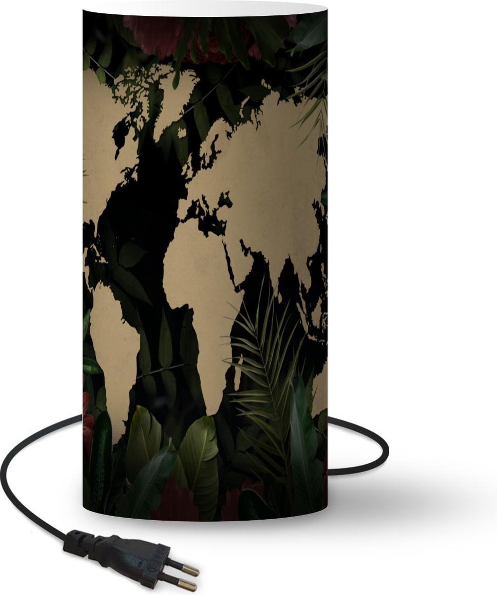 Lamp - Nachtlampje - Tafellamp slaapkamer - Wereldkaart - Bruin - Tropische planten - 54 cm hoog - Ø24.8 cm - Inclusief LED lamp