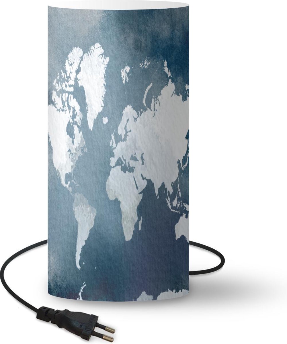 Lamp - Nachtlampje - Tafellamp slaapkamer - Wereldkaart - Aquarel - Blauw - 54 cm hoog - Ø24.8 cm - Inclusief LED lamp