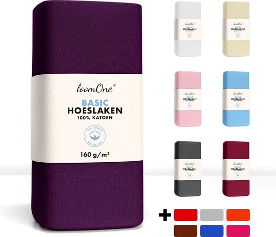 Paars, gestreept hoeslaken van 100% katoen, 160 g/m². Toont ook witte, crèmekleurige, roze, lichtblauwe, grijze en bordeauxrode varianten.