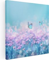 Artaza Canvas Schilderij Twee Blauwe Vlinders Bij Roze Bloemen - 50x50 - Foto Op Canvas - Canvas Print