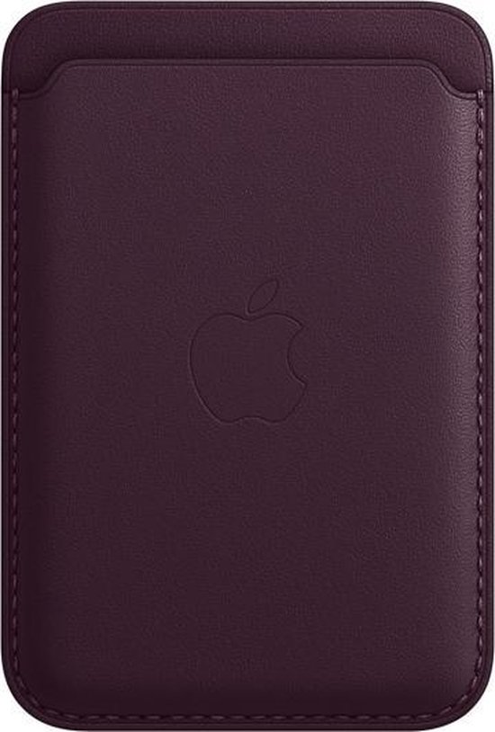 Donkerkersen leren kaarthouder met Apple logo.