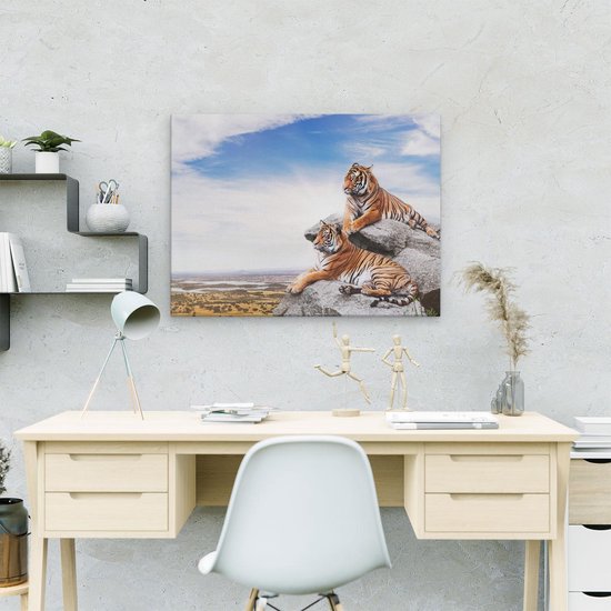 Artaza Toile Peinture Deux Tigres Sur Des Rochers Avec Le Ciel Bleu - 40x30 - Klein - Image Sur Toile - Impression Sur Toile