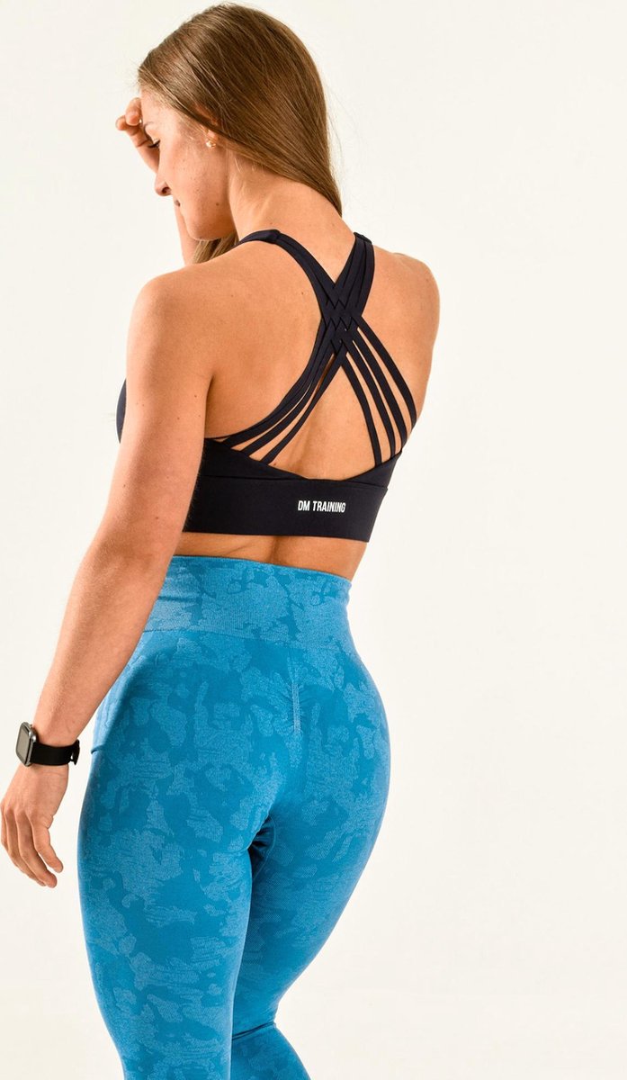 Dames sportbeha medium support – crossed back met uitneembare pads – ademend & stretchy – sport bh geschikt voor fitness en yoga – DM Training Essentials Bra (donkerblauw)