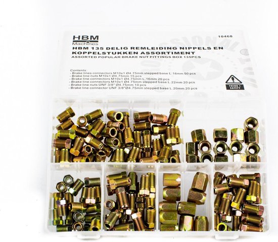 Goudkleurige metalen remleiding nippel en koppelstukken assortiment in een plastic doos.