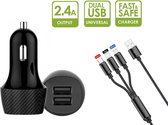 Dual Auto Lader met Lightning Multi 3in1 USB-C iPhone Micro Kabel Oplader | Dual Car Charger | 12-24V | Max 2.1A