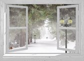 SCHUTTINGPOSTER - Kerst poster - 90x65 cm - doorkijk - Winters bos met roodborstjes en kerstlantaarn - winterlandschap - tuin decoratie - tuinposters buiten - tuinschilderij - winter poster -