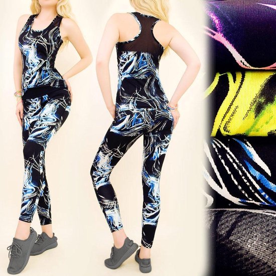 Komplet Sportset voor dames maat M/L Slim & Fitness Tank Top + legging (zwart/blauw)