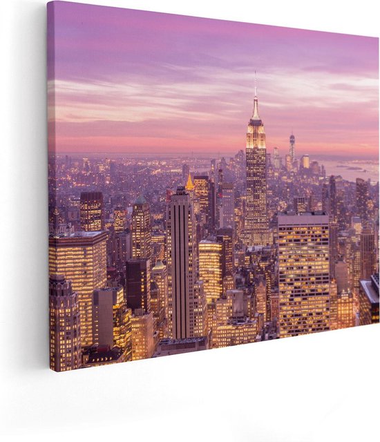 Artaza Canvas Schilderij New York Skyline Met Lichten Bij Zonsondergang - 100x80 - Groot - Foto Op Canvas - Canvas Print