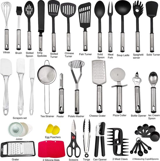 KRONENKRAFT® Lot de 42 ustensiles de cuisine en acier inoxydable et nylon -  Avec spatule, fouet, cuillère, verre doseur, spatule, ouvre-boîte