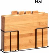 H&L snijplanken met houder van metaal - hout - bamboe - naturel - zwart - set van 4 snijplanken  - index - 29 x 8 x 24 cm