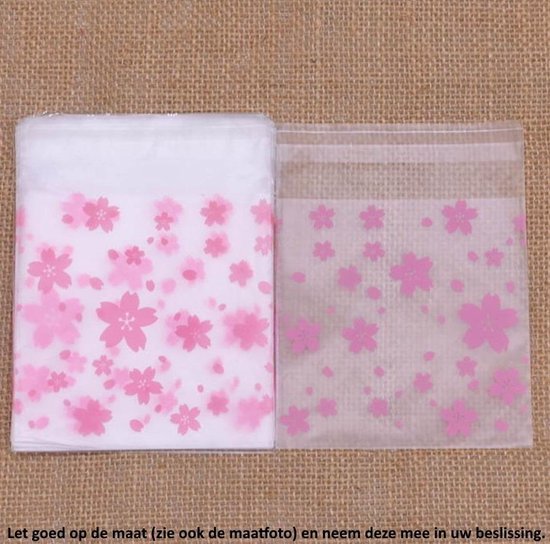 Foto: 50x transparante uitdeelzakjes kersen bloesem design 14 x 14 cm met plakstrip cellofaan plastic traktatie kado zakjes snoepzakjes koekzakjes koekje cookie bags blossom bloemen bloem