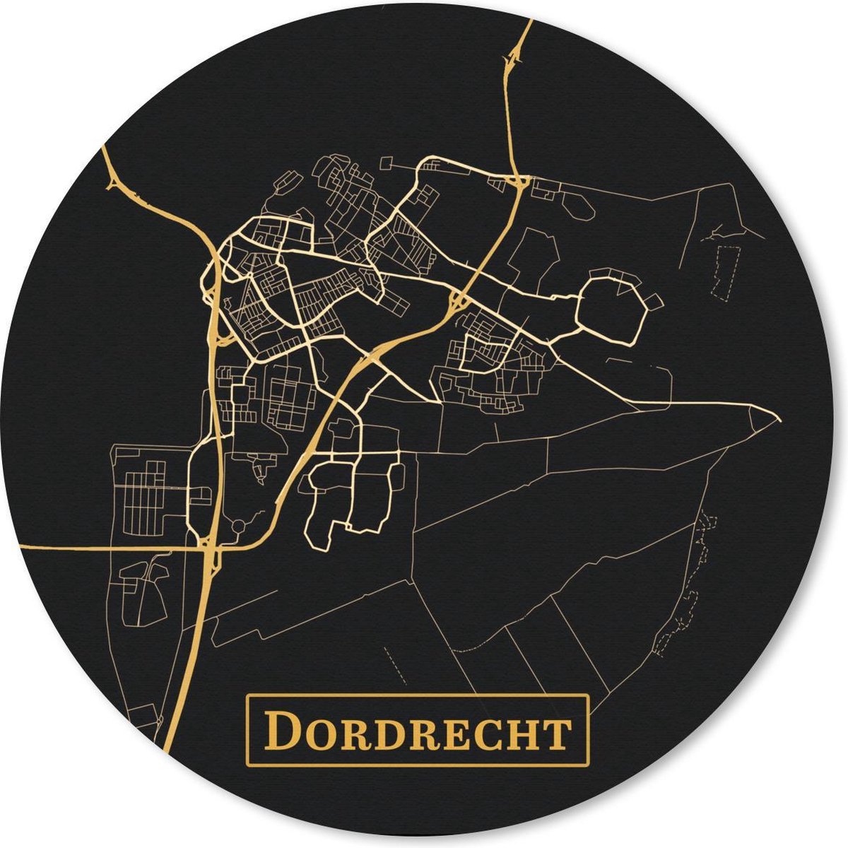 Muismat rond 50x50 cm - Mousepad Kaart - Dordrecht - Goud - Zwart - Ronde muismatten