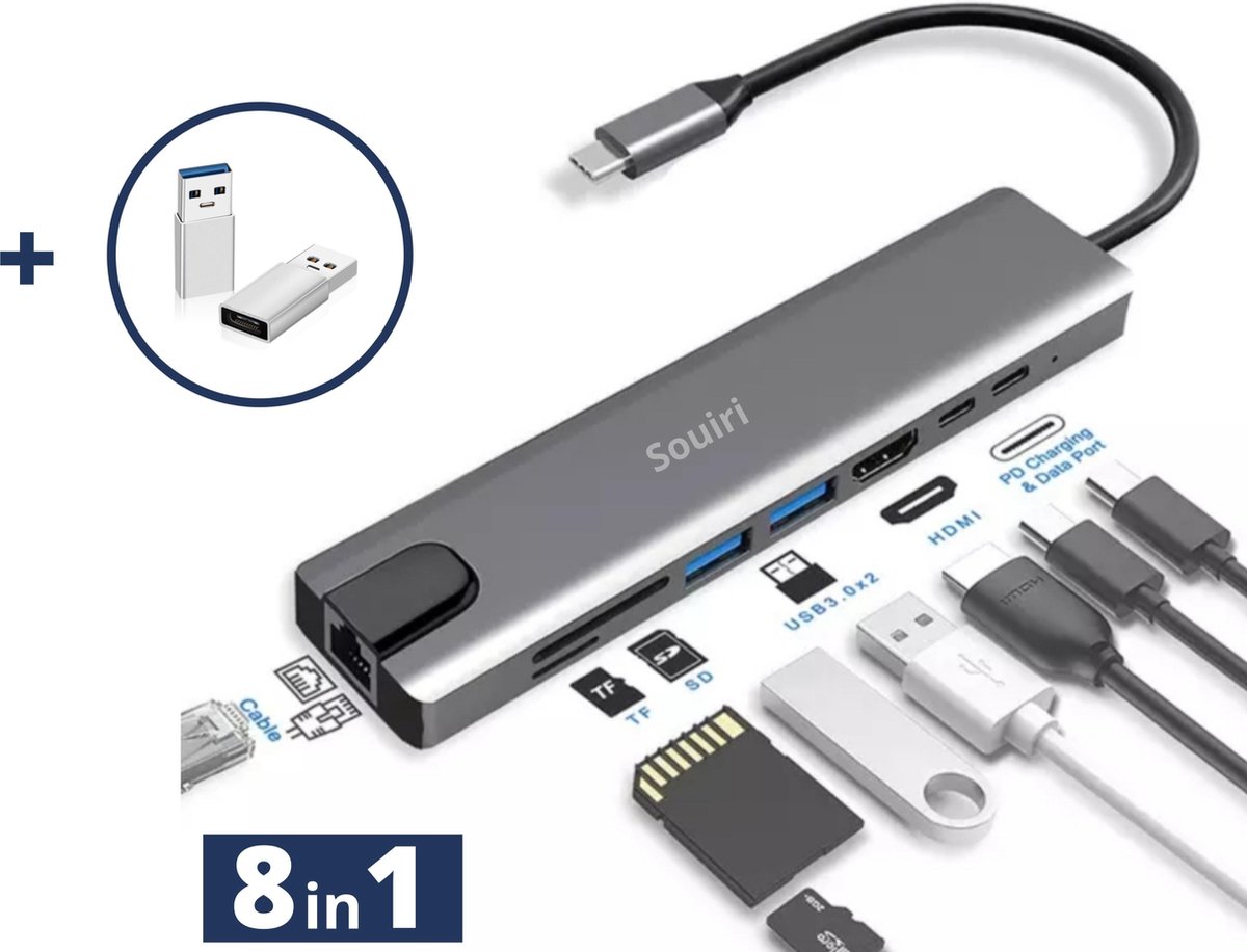 USB-C Hub 8 in 1 - USB splitter - USB C dock - USB 3.0 - 4K UHD HDMI - Apple / Chromebook / HP / Asus / Lenovo - Ethernet- Docking Station - inclusief USB - C 3.1 Female naar USB A3.0 Male verloop