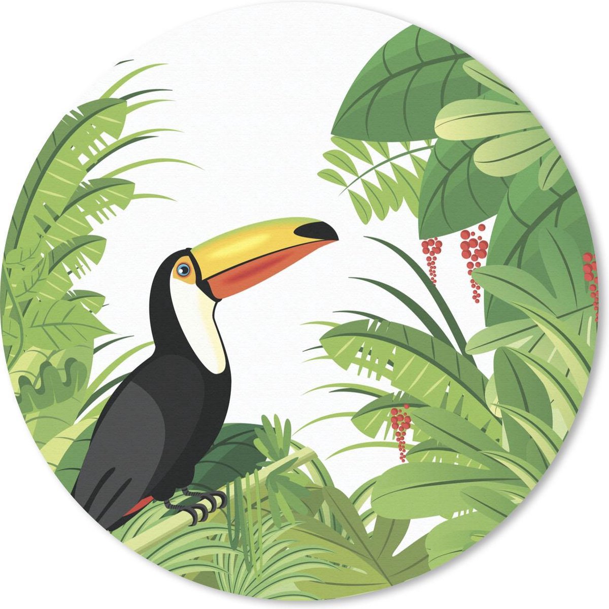 Muismat - Mousepad - Rond - Vector illustratie van een toekan en een tropisch regenwoud - 50x50 cm - Ronde muismat