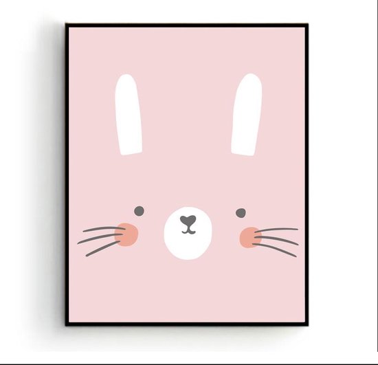 Poster Konijntje Hoofd Roze - Dieren - Kinderkamer - Dierenposter - Babykamer / Kinderposter - Babyshower Cadeau - Muurdecoratie - 70x50cm - Postercity