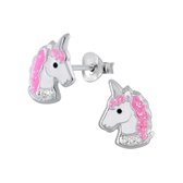 Joy|S - Zilveren eenhoorn oorbellen - unicorn oorknoppen - wit kristal