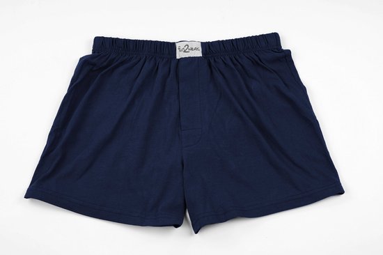 Donkerblauwe katoenen boxershort met elastische tailleband en knoopsluiting.